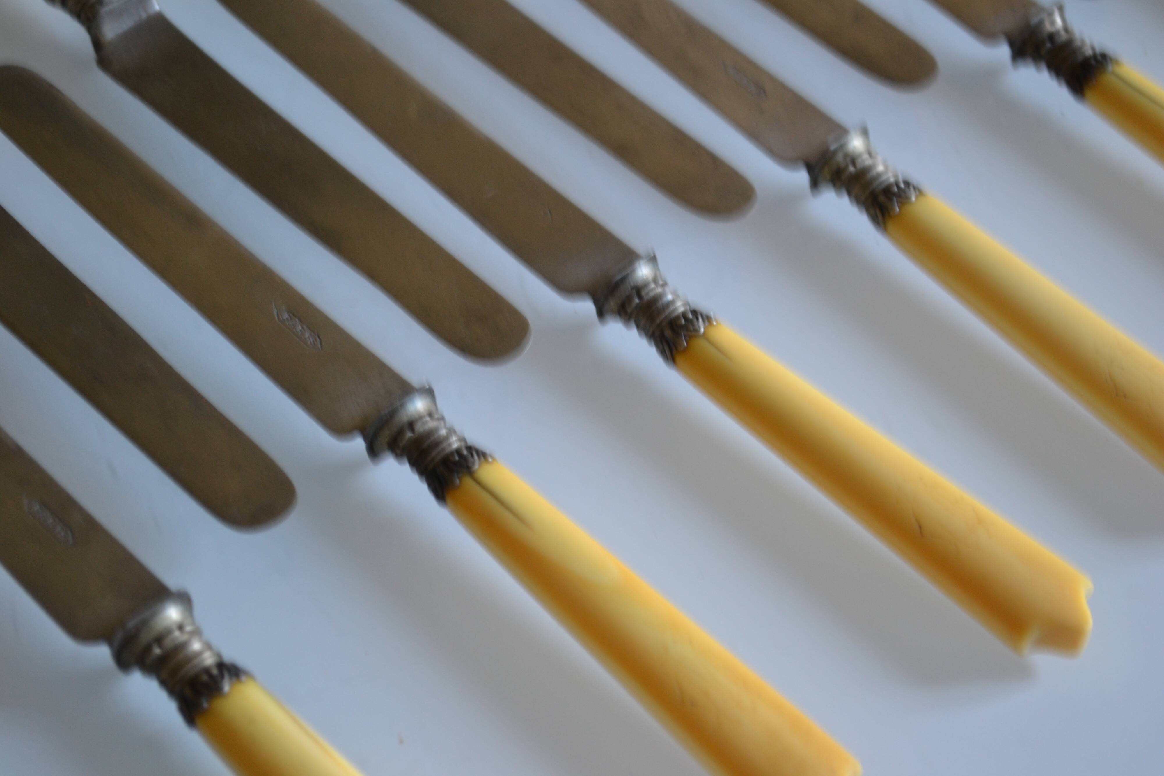11 antique dessert knives from the 19th century with ivory-colored handles and a monogram