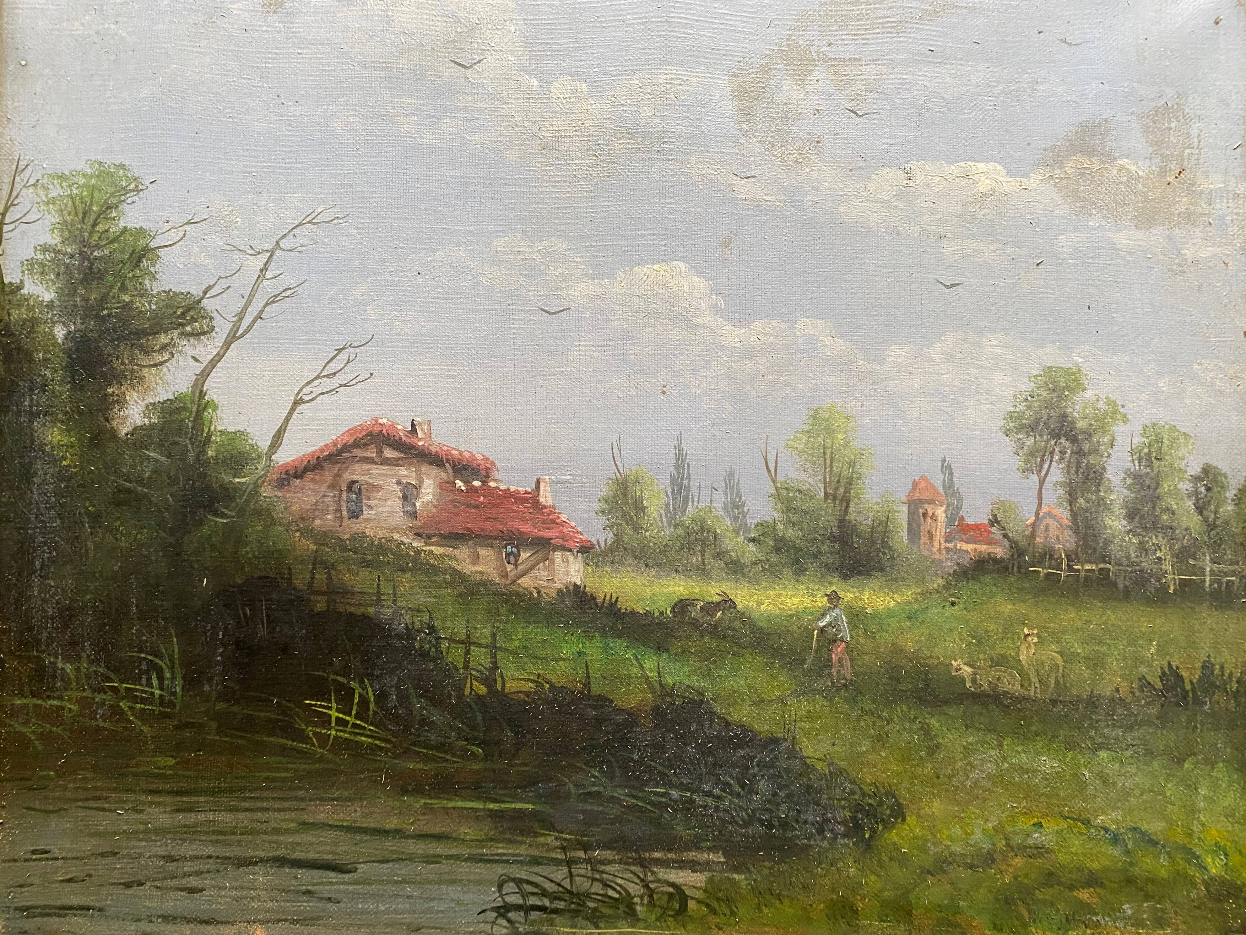 Hst painting "animated landscape at the pond and village" barbizon with nineteenth century frame