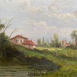 Hst painting "animated landscape at the pond and village" barbizon with nineteenth century frame