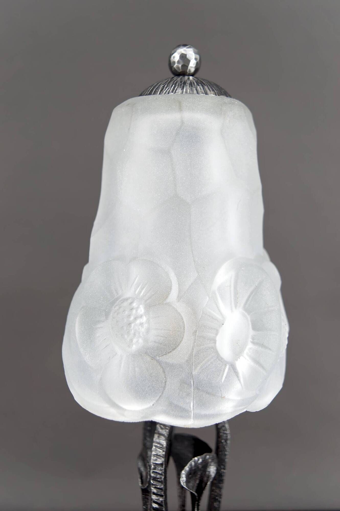 Art Deco Wrought Iron Lamp, Floral Tulip signed Degué, France, c. 1930