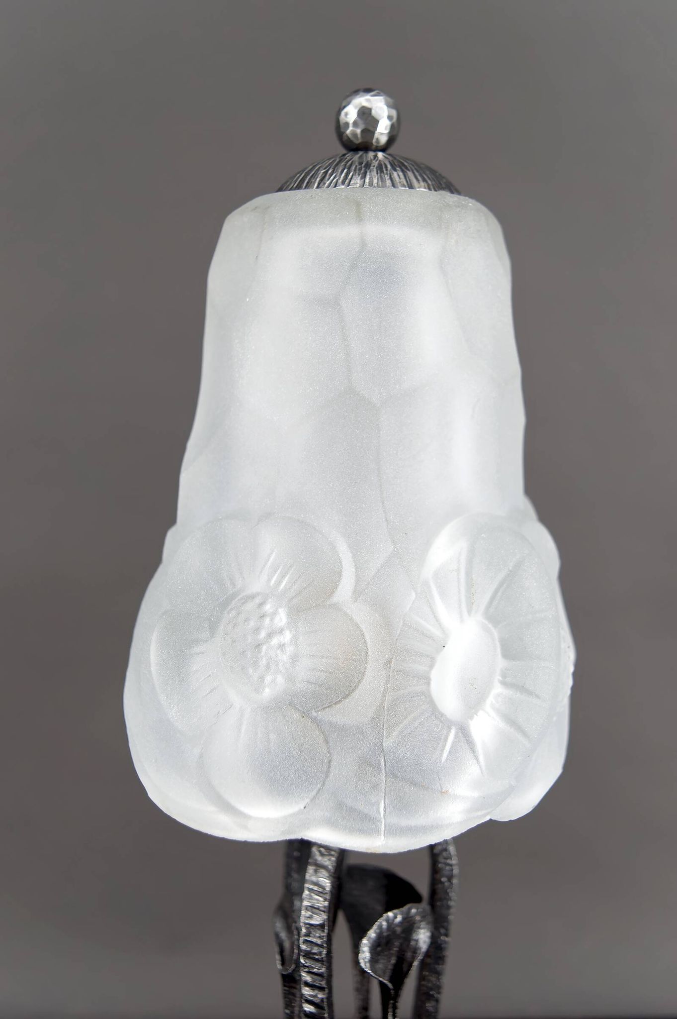 Art Deco Wrought Iron Lamp, Floral Tulip signed Degué, France, c. 1930