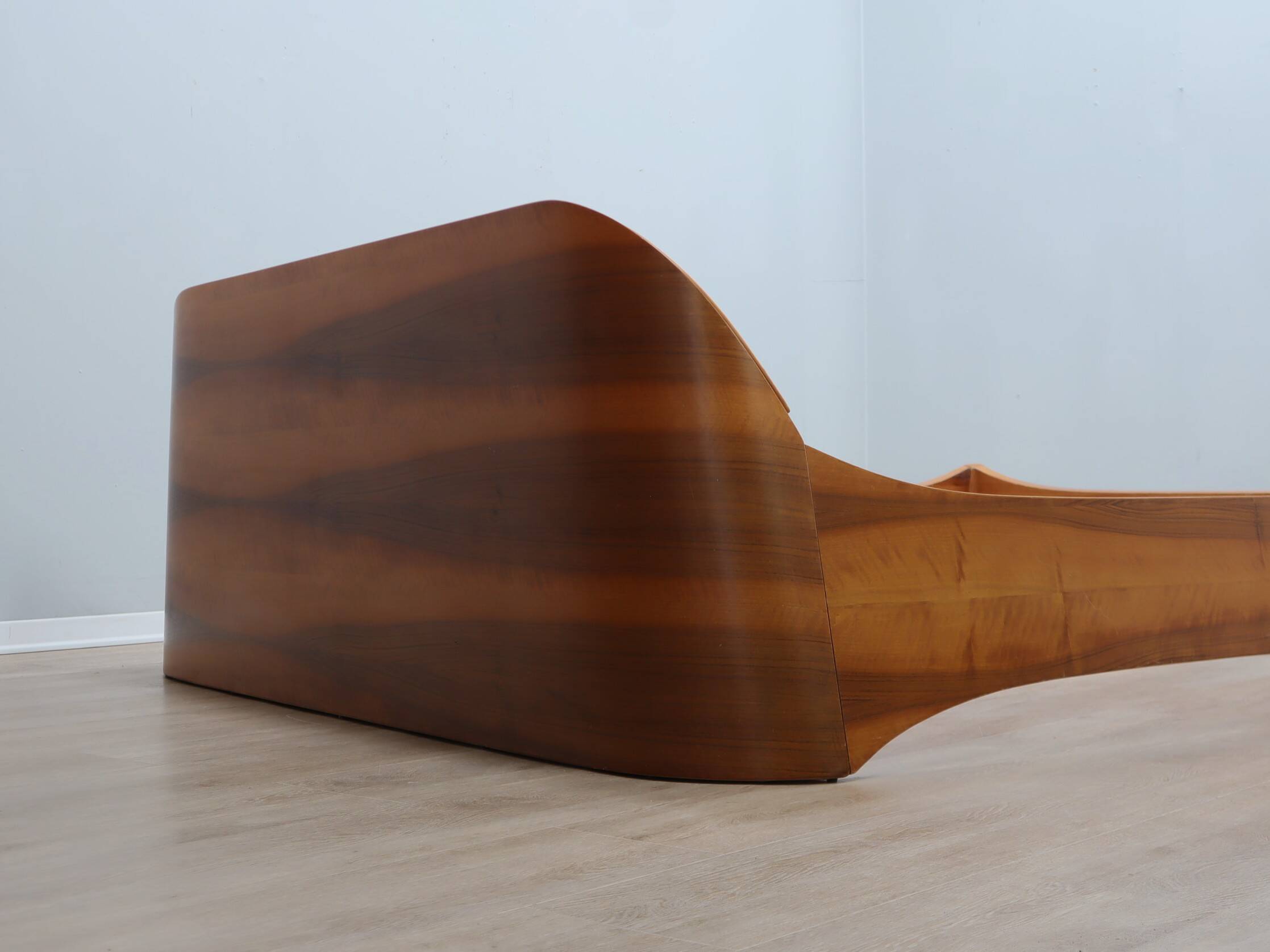 Italian 1970s Curved Walnut Bed Frame with Storage Headboard