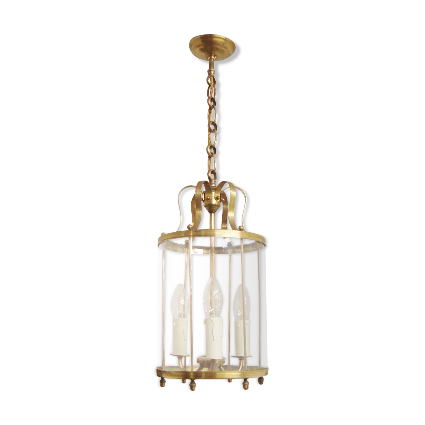 Vintage round brass chandelier Vestibule pendant lamp from the fifties