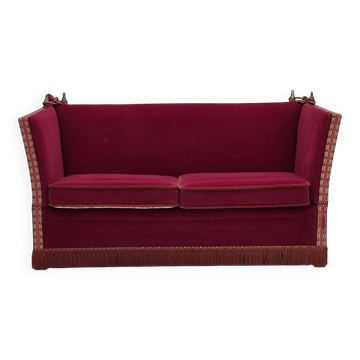 1970s, Danish 2-seater drop arm "Spanish" sofa, red furniture velour.
