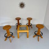 Set of 4 solid elm wood bar stools, vintage 70s design