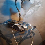 pretty little office lamp art nouveau bronze and brass, wood, electricity CE 35x30