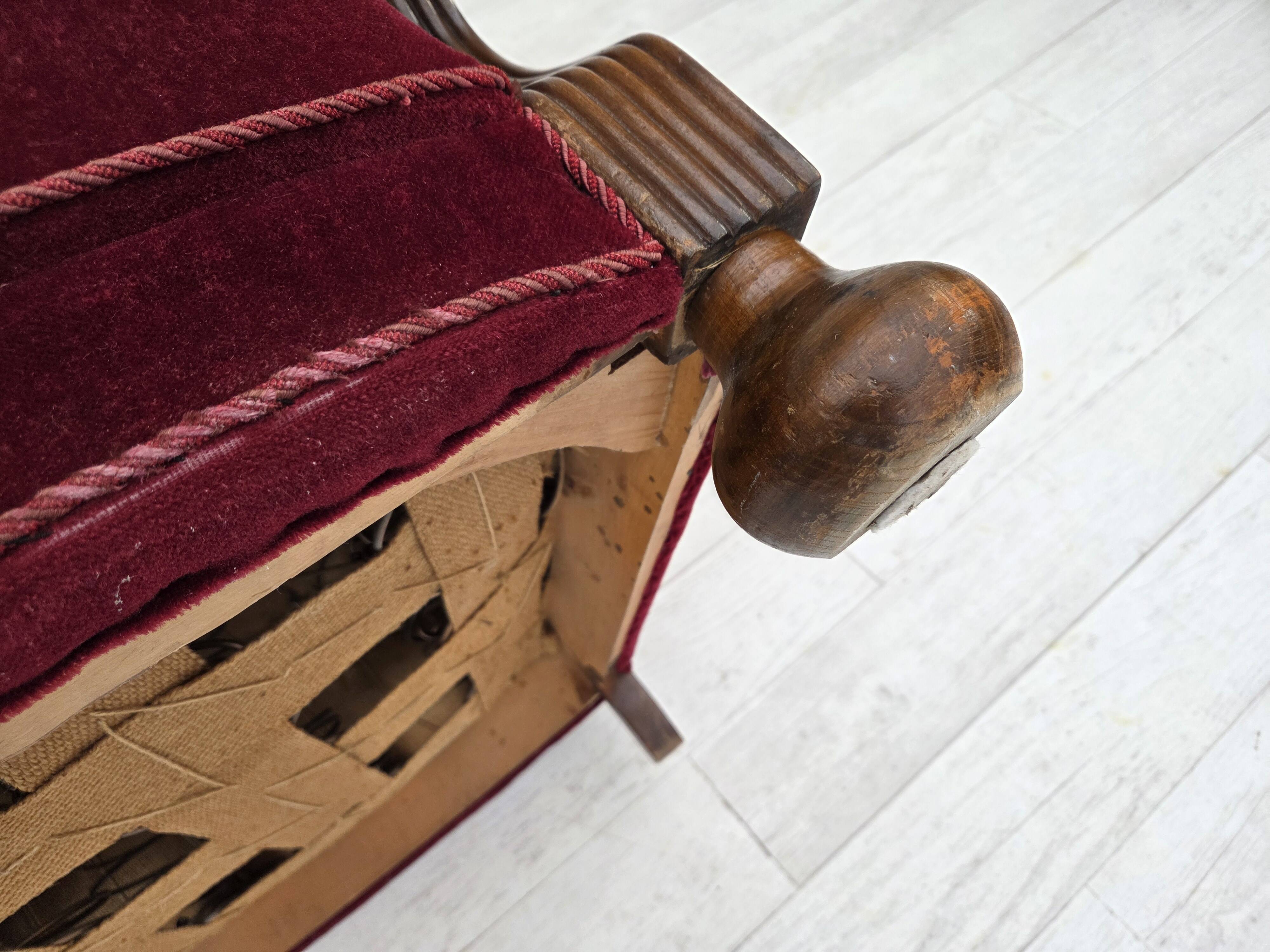 1950s, Danish relax armchair, cherry-red furniture velour, dark beech wood.