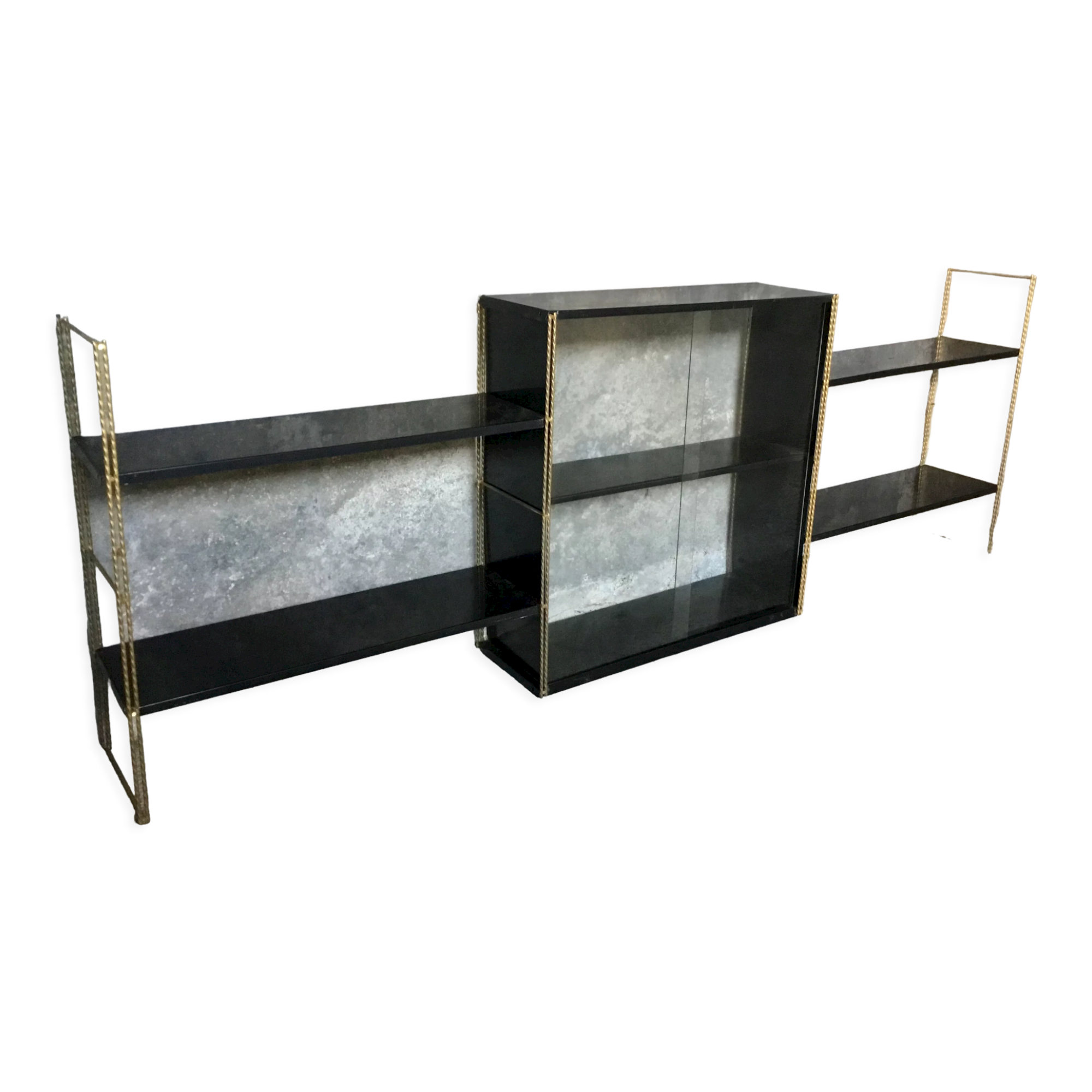 Set of black and gold metal string shelves with glass box - vintage 1960