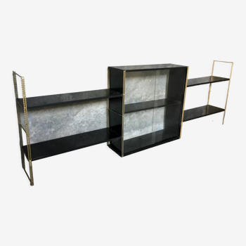 Set of black and gold metal string shelves with glass box - vintage 1960