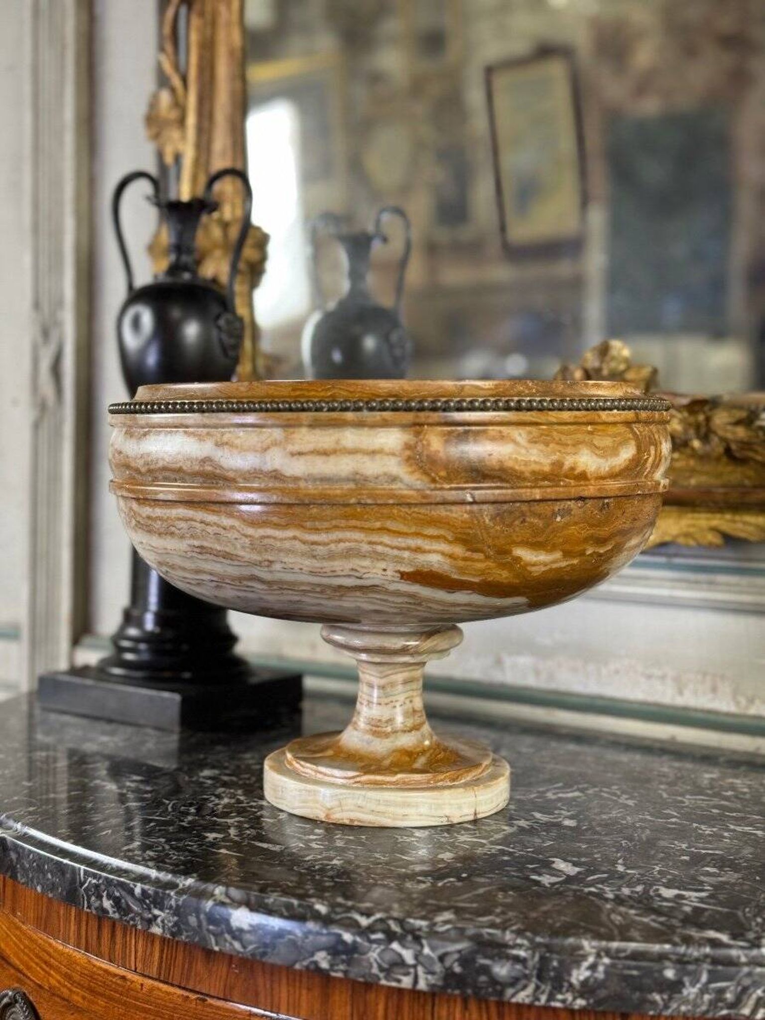 Deep onyx and bronze beaded bowl circa 1900
