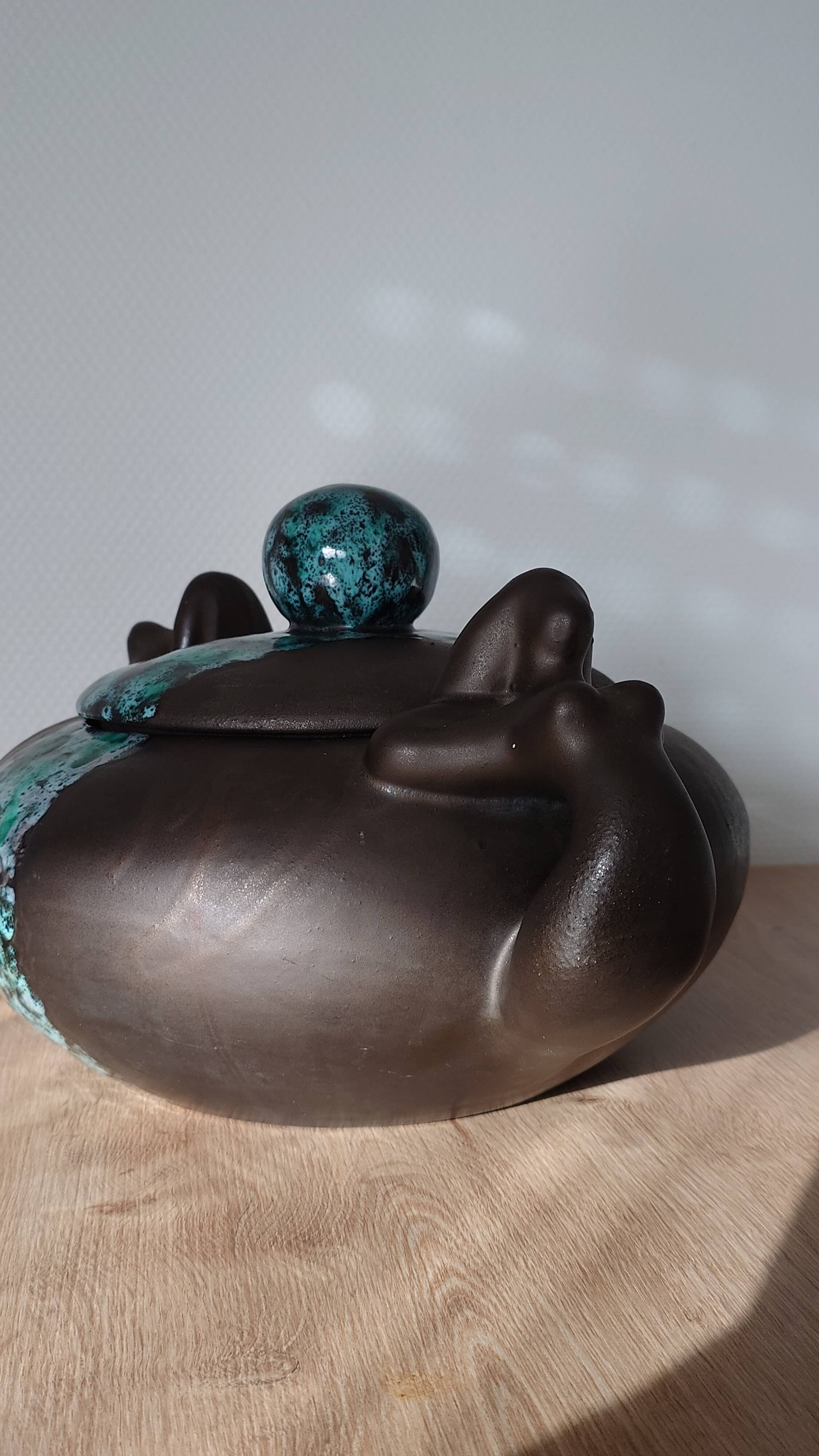 Vintage modernist soup tureen from the 60s-70s, matte brown ceramic and green glaze.