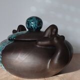 Vintage modernist soup tureen from the 60s-70s, matte brown ceramic and green glaze.