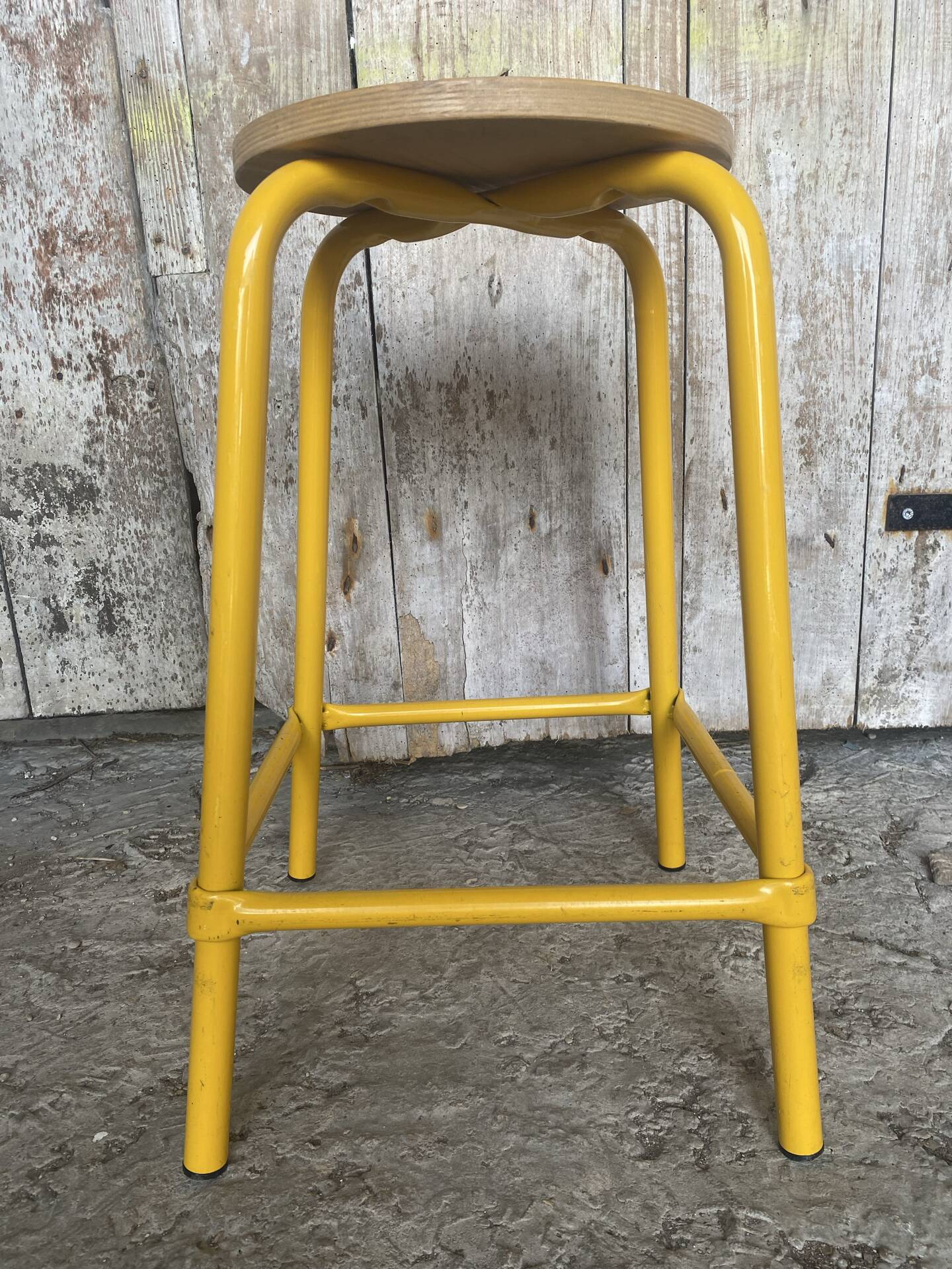 Vintage Industrial Stool DPC Yellow Metal Tube + Wooden Seat