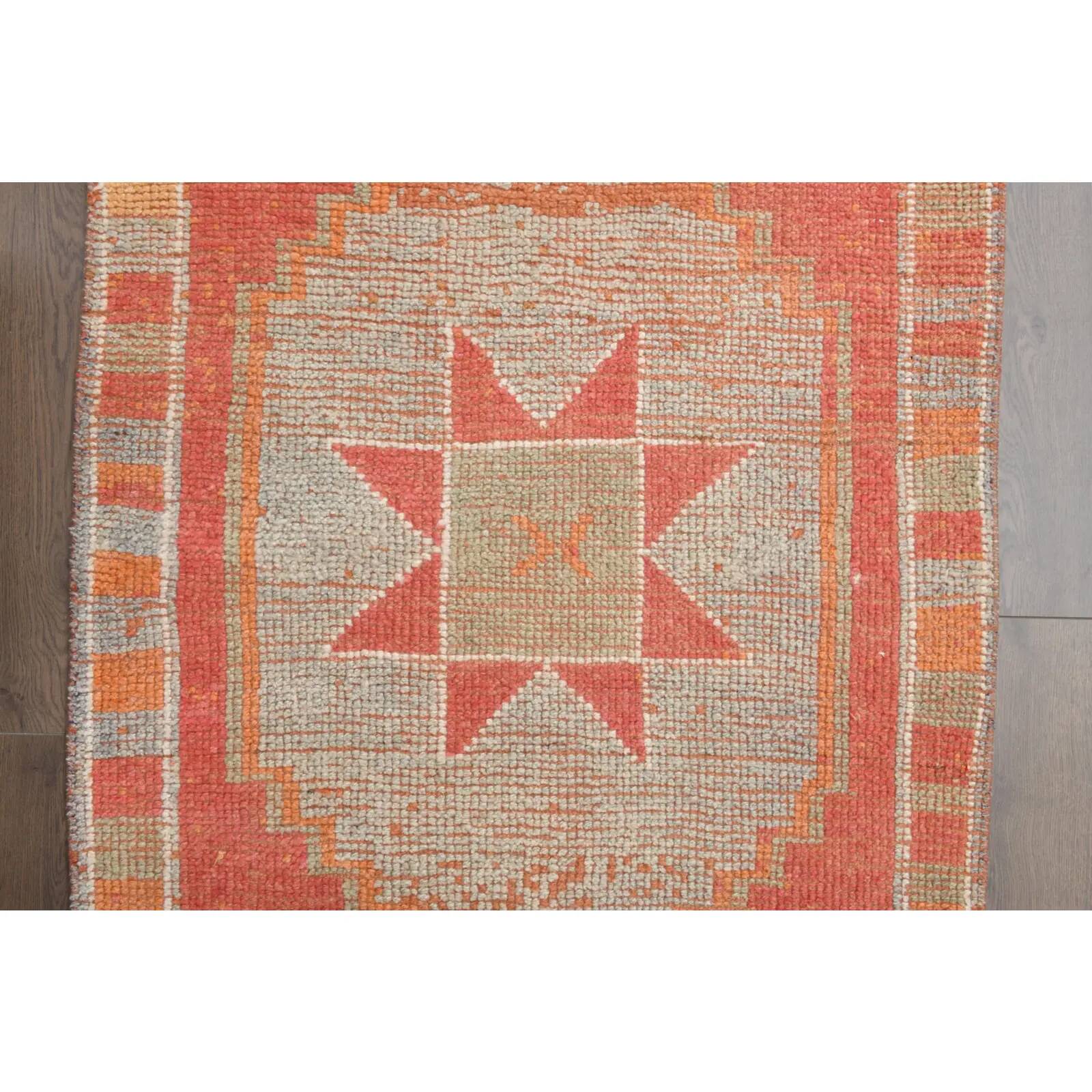Vintage Turkish hand-knotted wool cotton orange runner rug 96x339