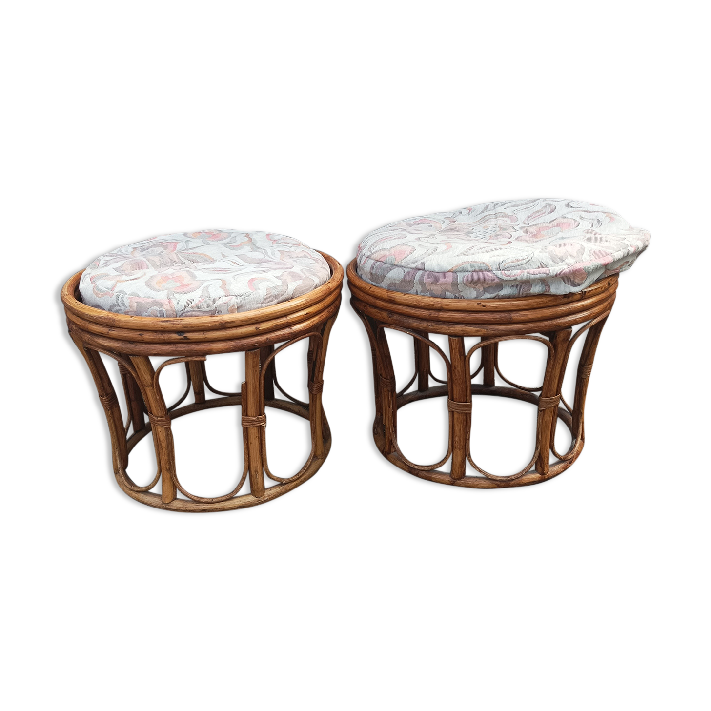Pair old ottoman stools foot rest round wicker vintage rattan