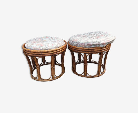 Paire anciens pouf tabourets repose pied rond osier rotin vintage