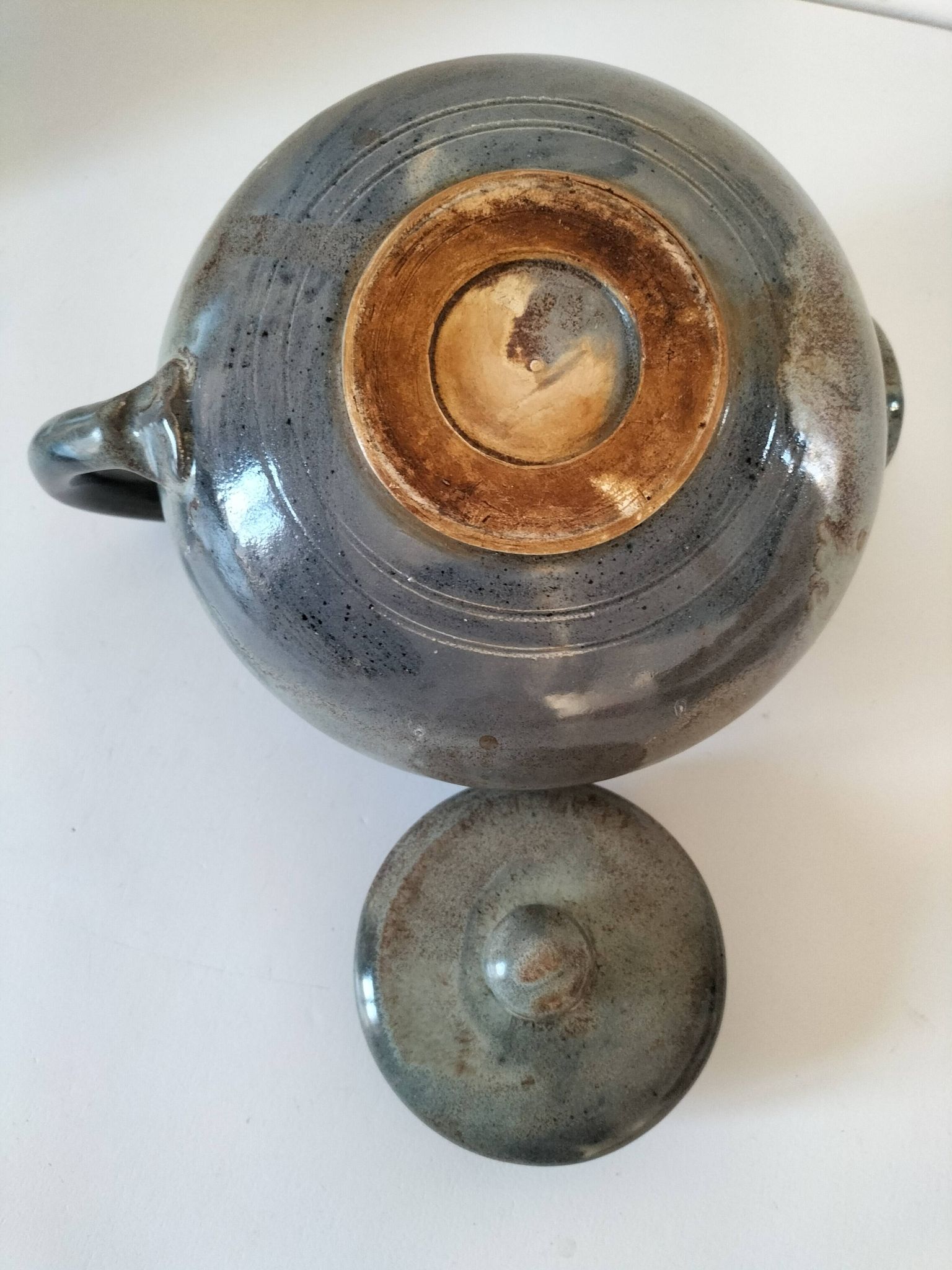 Large handcrafted celadon glazed ceramic teapot