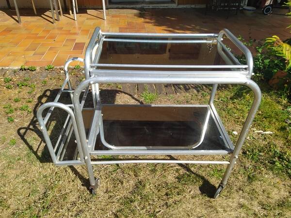 Modernist aluminum trolley with mirrored tops