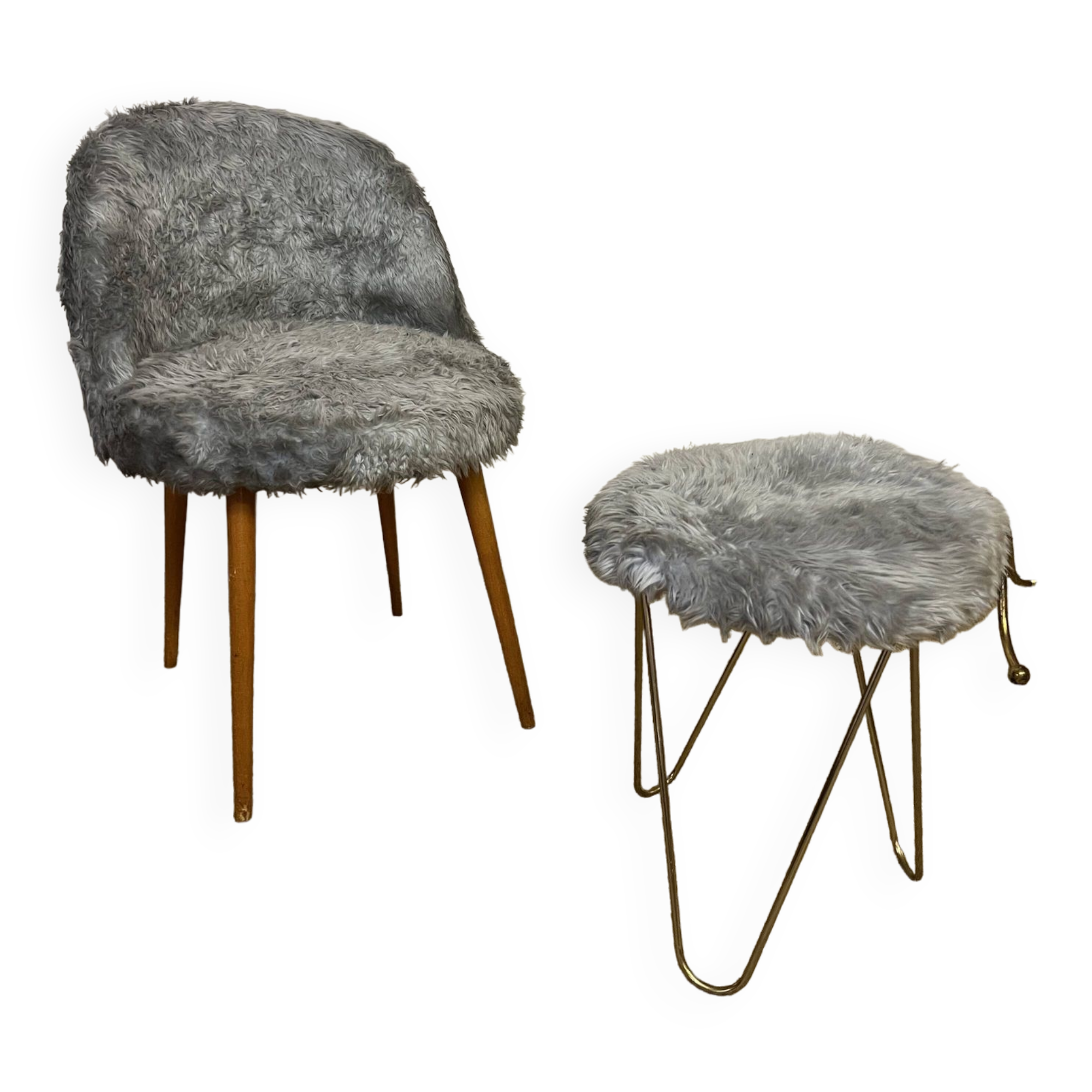 Vintage moumoute armchair and stool