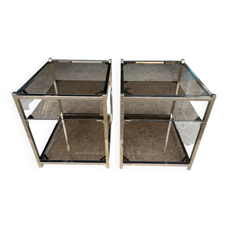 Duo rectangular canape ends vintage 1970 gold 3 smoked glass trays