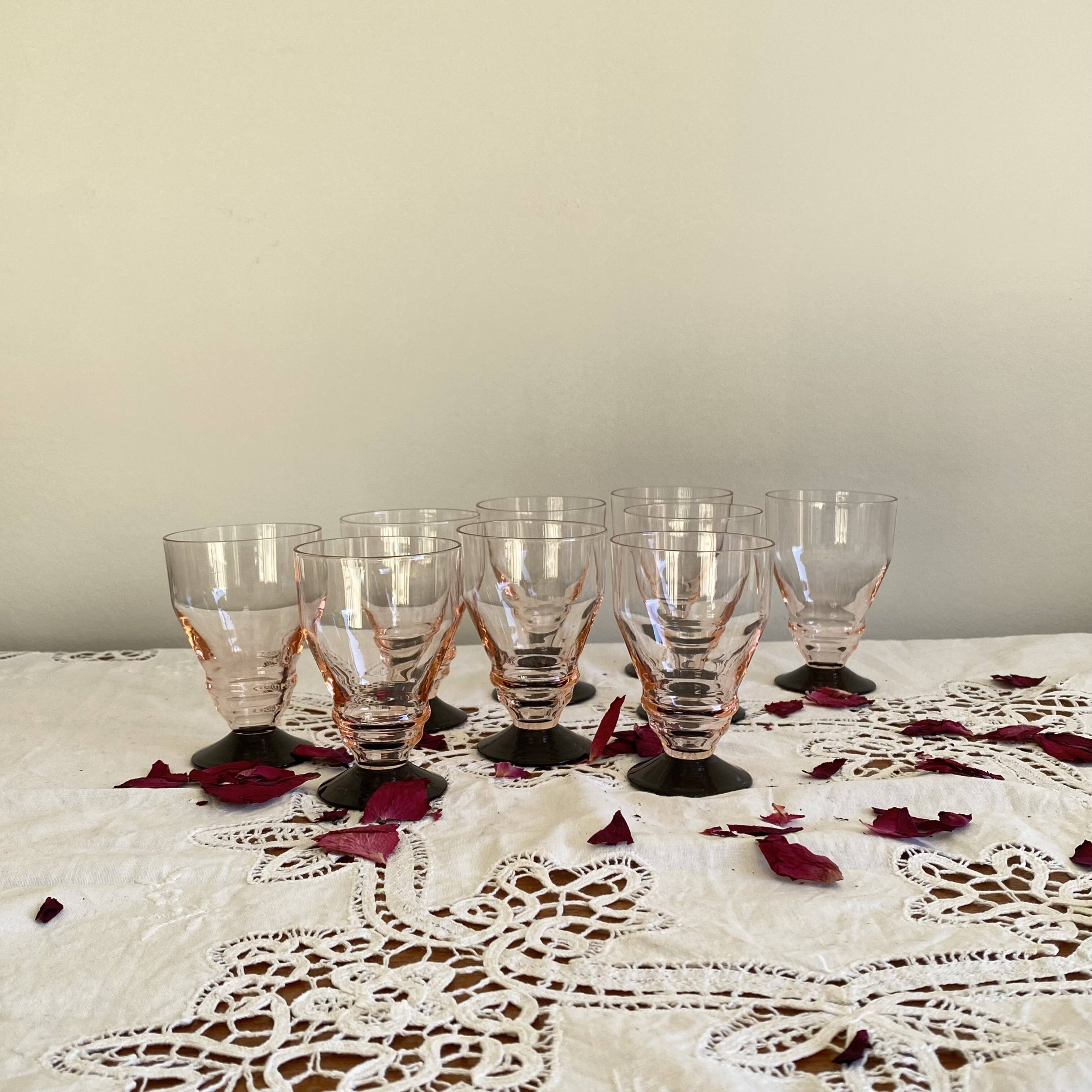 9 pink art deco wine or water glasses with black stem