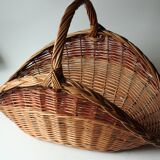 Large handmade solid wicker braided firewood basket, vintage from the 80s