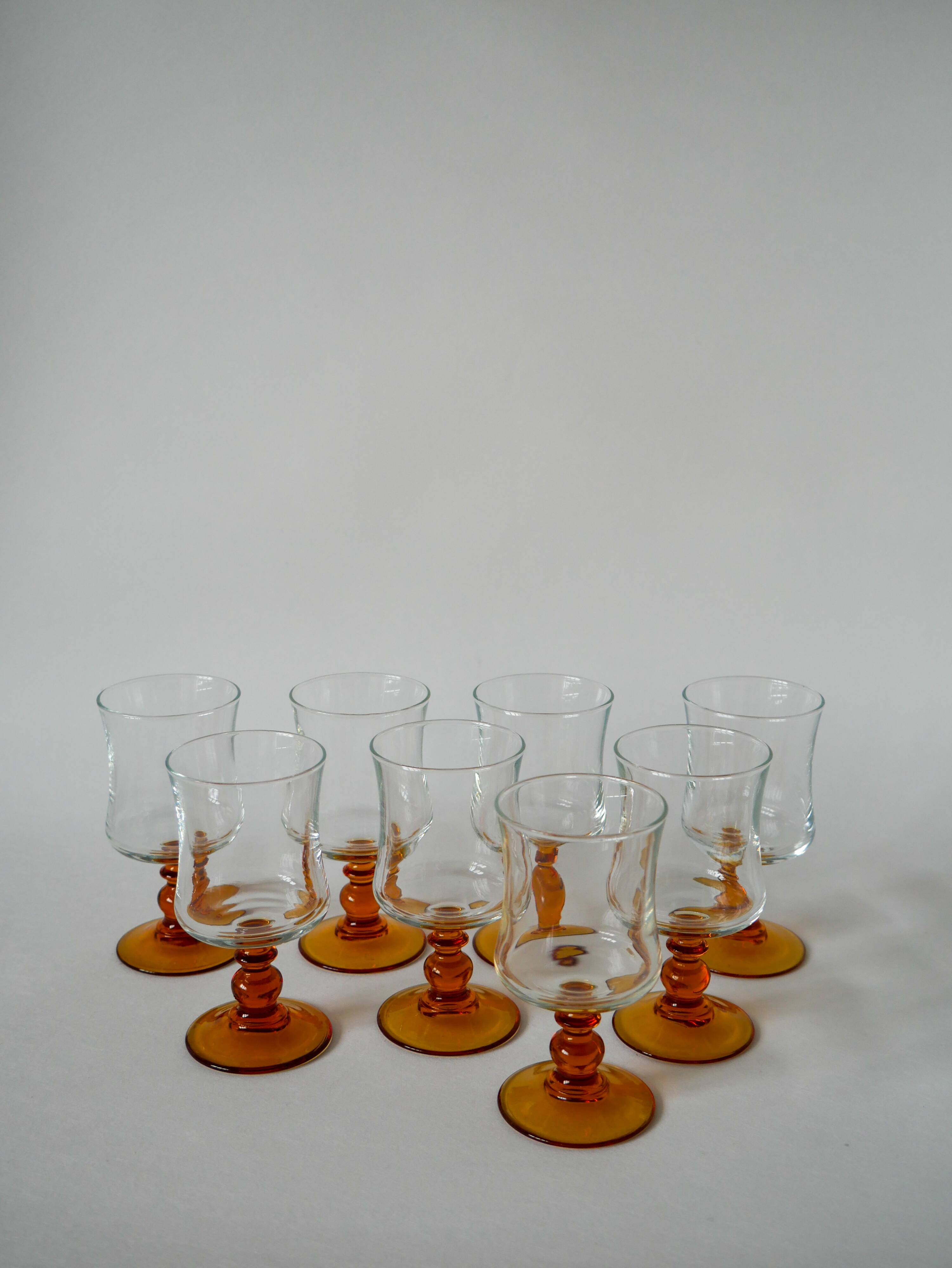set of 8 vintage amber-stemmed wine glasses 1970