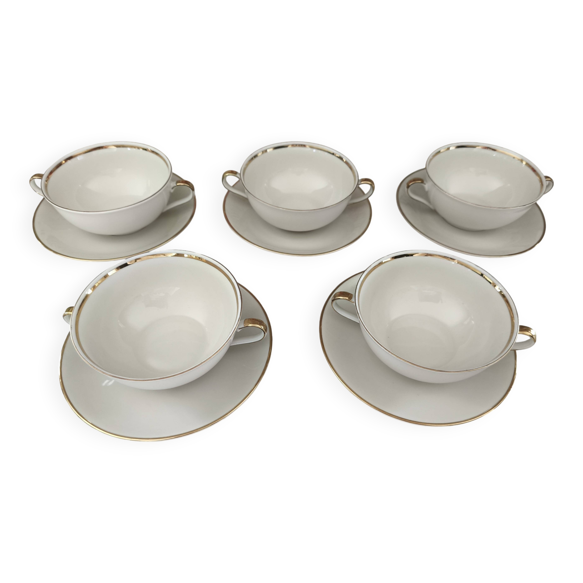 Set of 5 Bavaria porcelain soup bowls with 2 handles, beige, gold edging