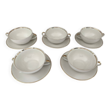 Set of 5 Bavaria porcelain soup bowls with 2 handles, beige, gold edging