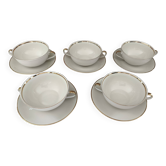 Set of 5 Bavaria porcelain soup bowls with 2 handles, beige, gold edging