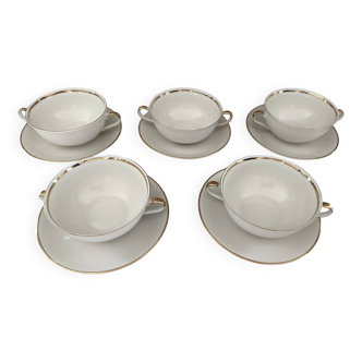 Set of 5 Bavaria porcelain soup bowls with 2 handles, beige, gold edging