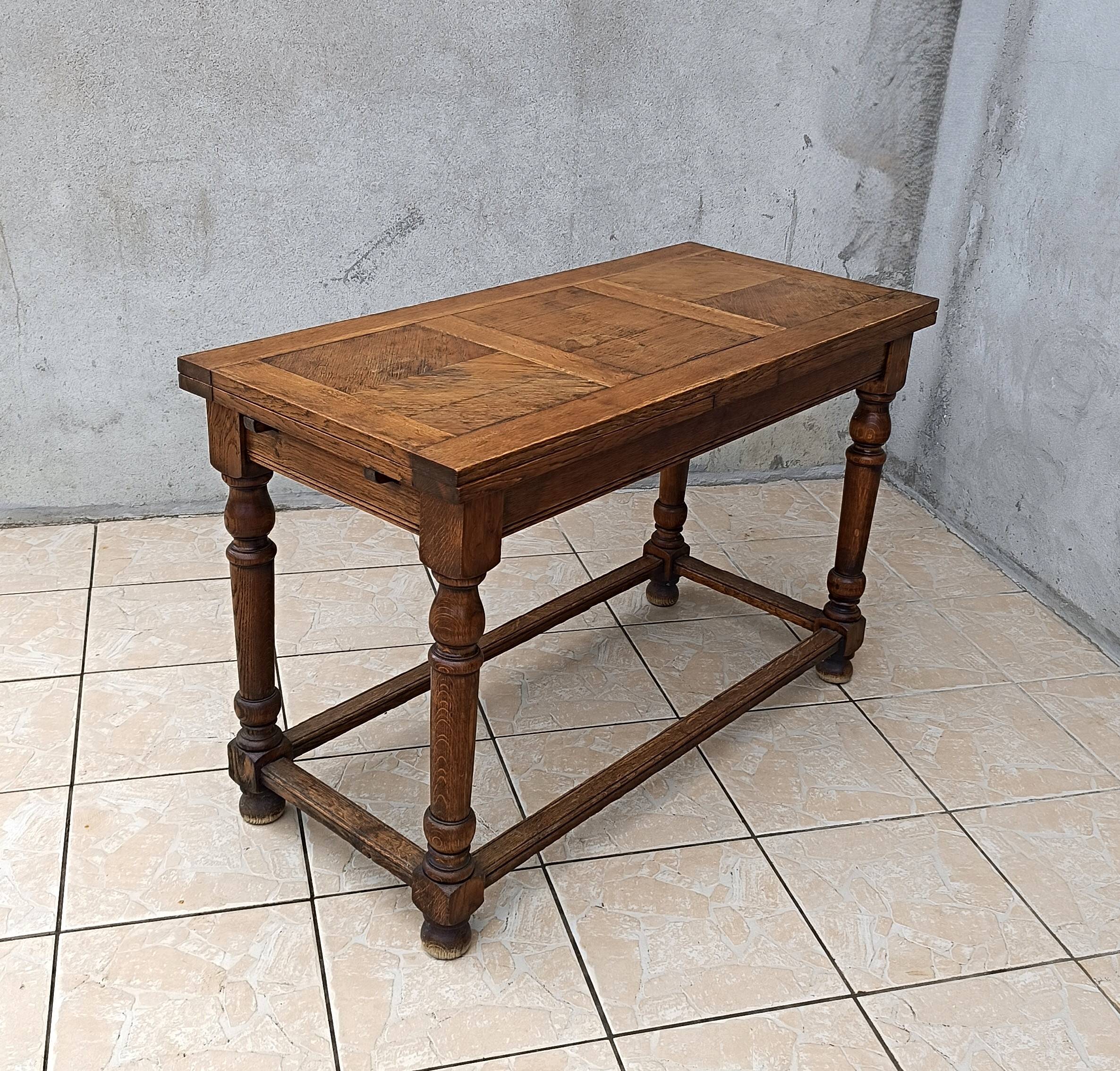 Table console rustique à rallonges en chêne début 20ème