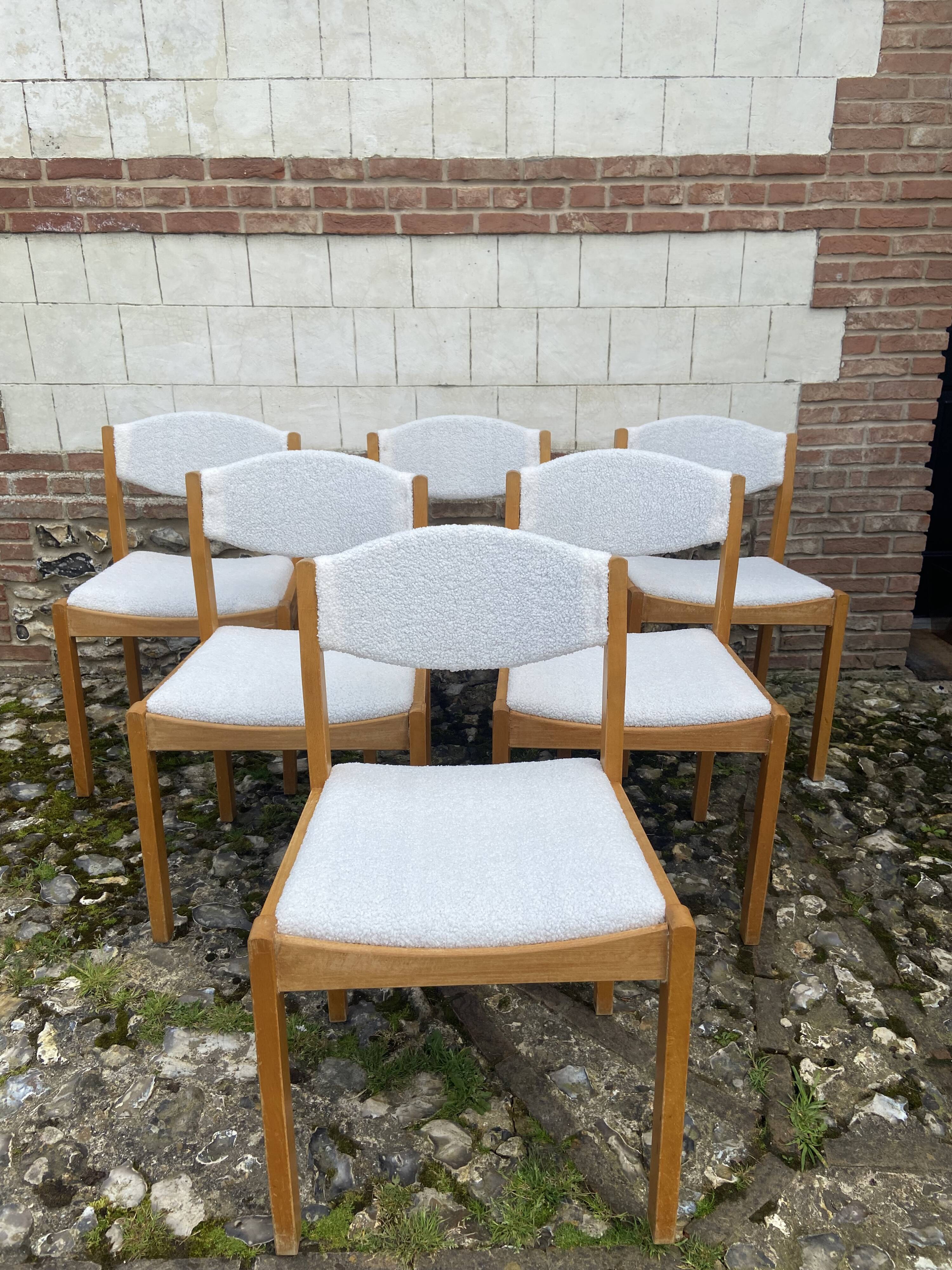 Six vintage 70s Baumann style chairs white buckle fabric