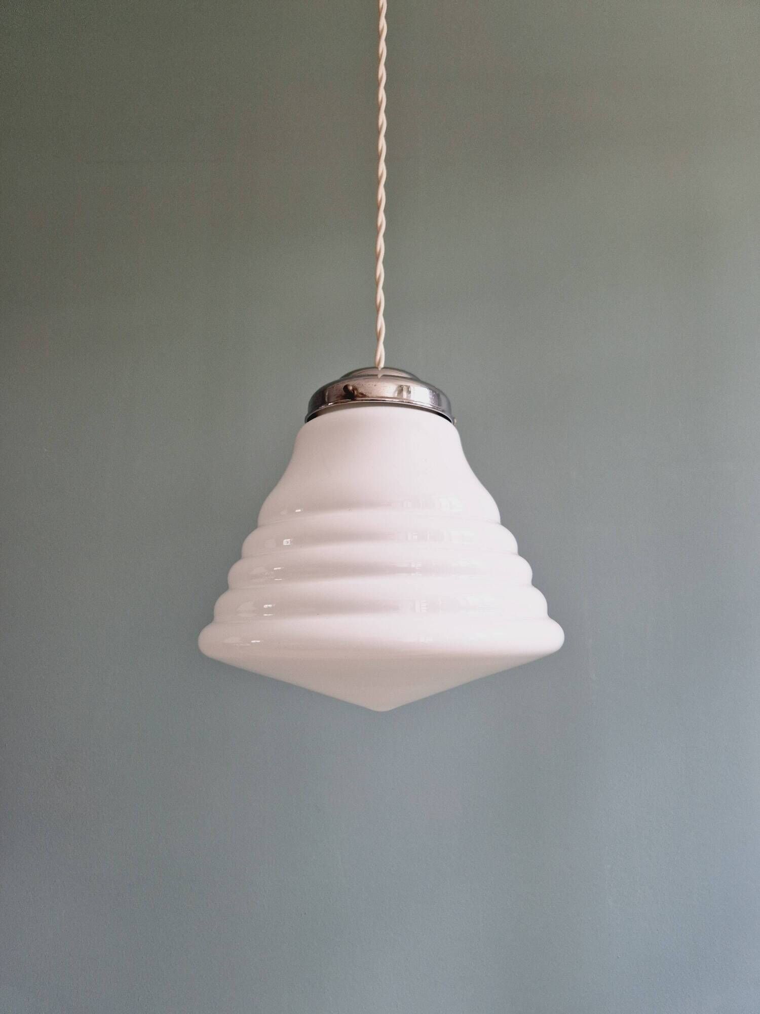 Art Deco conical pendant light in white opaline, 1920s-30s