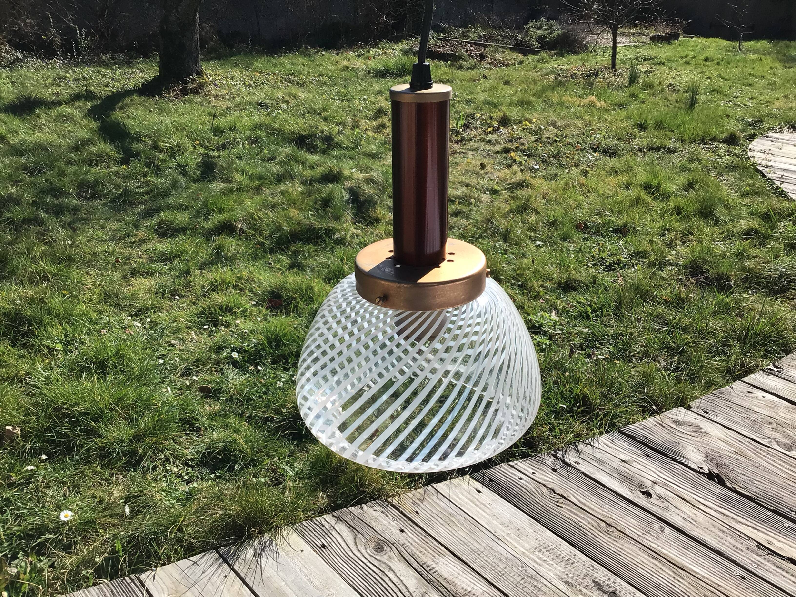 Copper suspension with white striped blown glass