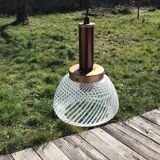Copper suspension with white striped blown glass