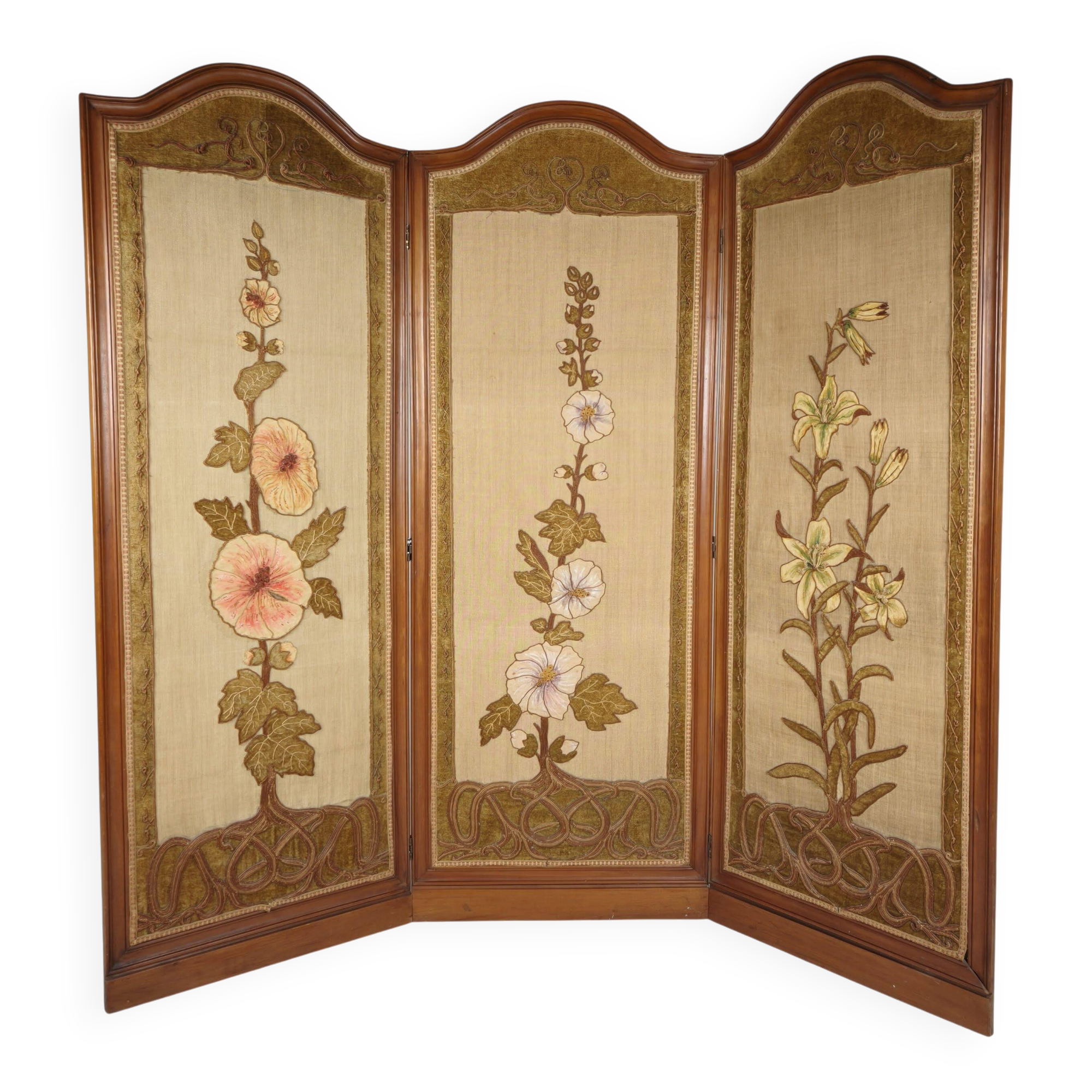 Art Nouveau Room Screen with Embroidered Floral Panels, circa 1900