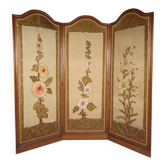 Paravent Art Nouveau avec panneaux floraux brodés, vers 1900