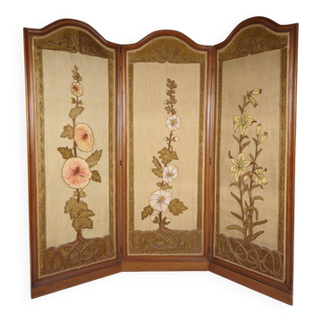 Paravent Art Nouveau avec panneaux floraux brodés, vers 1900