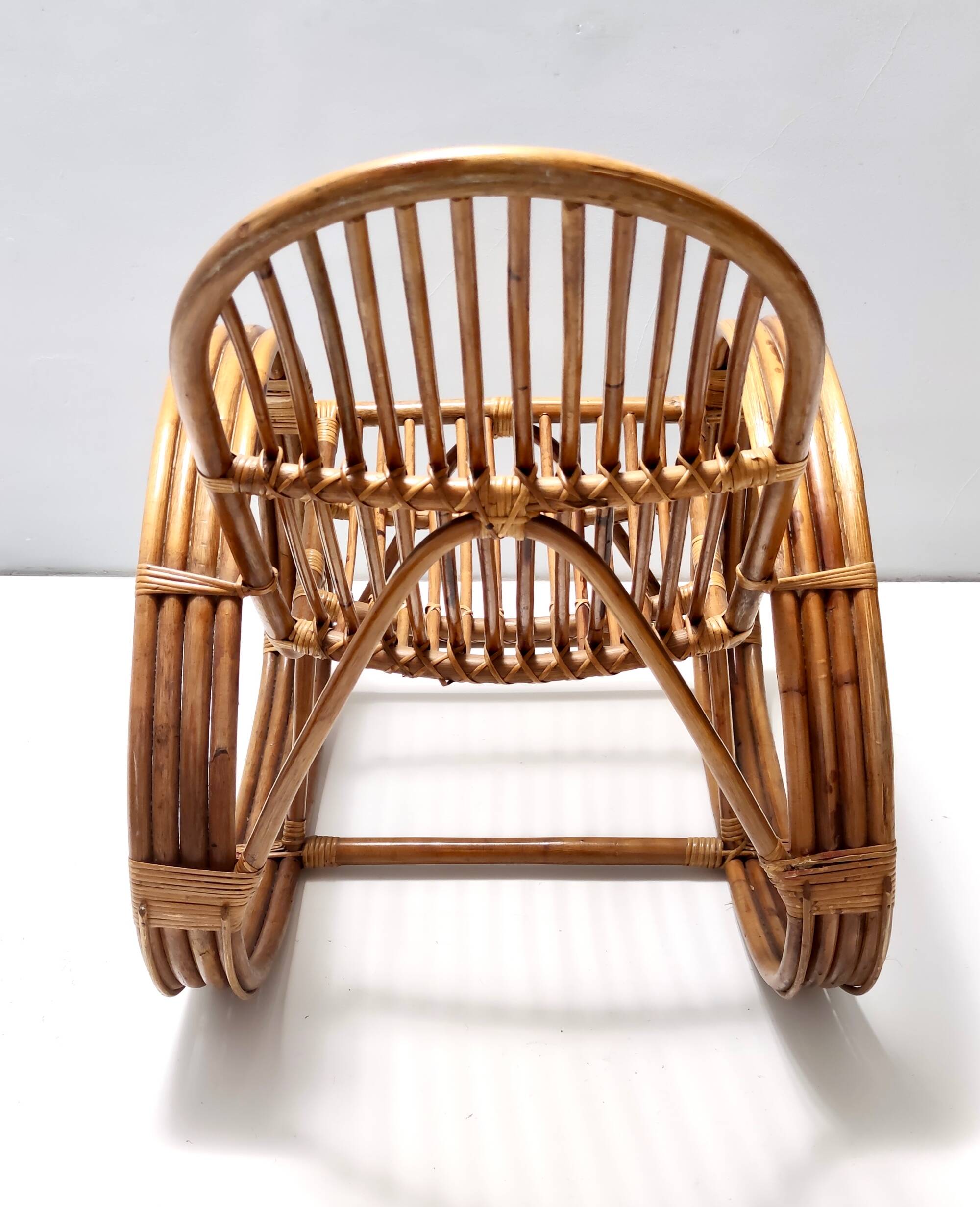 1970s Postmodern Bamboo Rocking Chair with Vintage Fabric Cushion