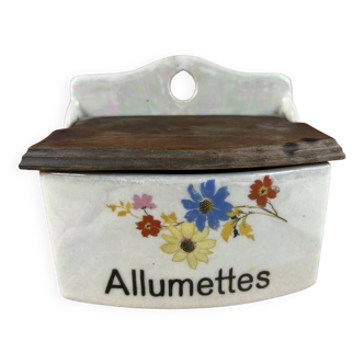 Boite allumettes vintage en céramique à décor de fleurs