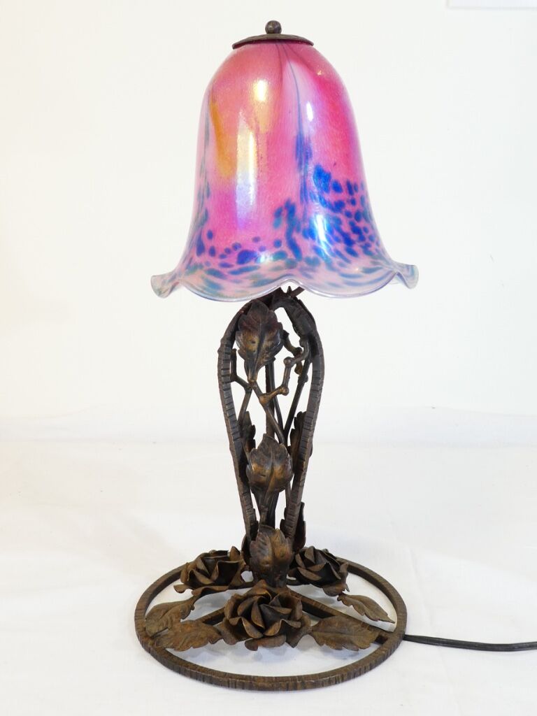 Art deco wrought iron lamp and speckled glass tulip