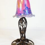 Art deco wrought iron lamp and speckled glass tulip