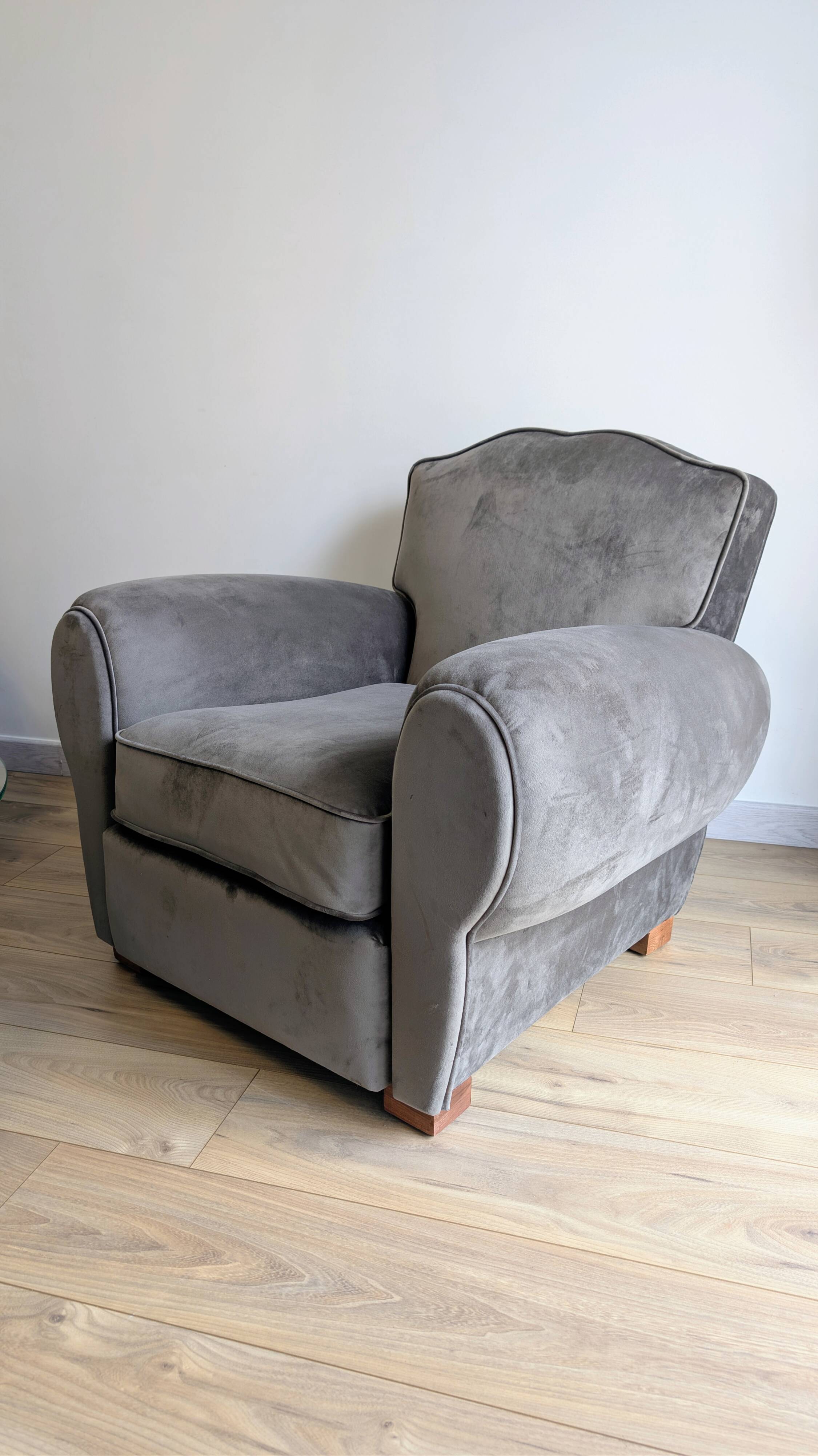 Pair of moustache club armchairs in elephant grey velvet.