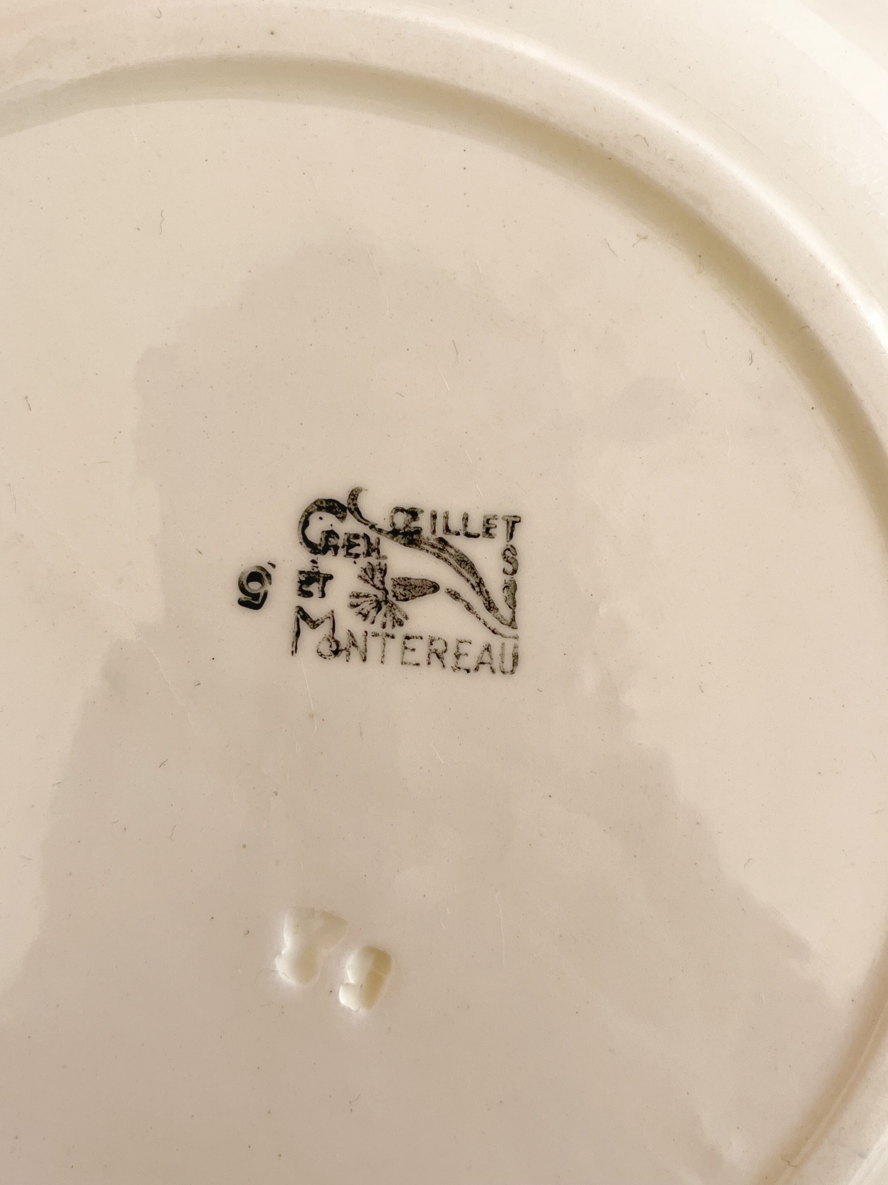 2 flat ironstone plates, Carnations, Creil and Montereau