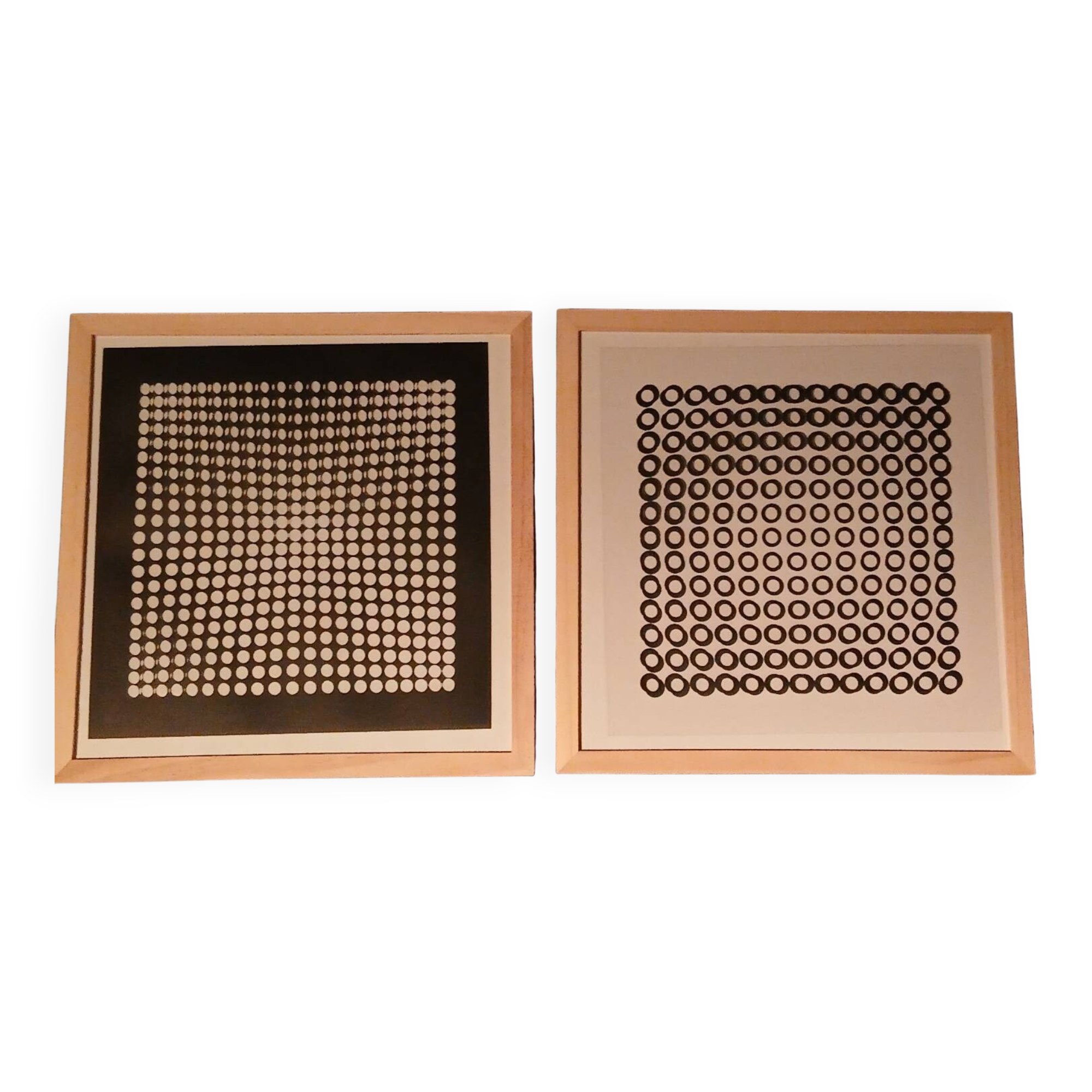 Two Vintage Vasarely Tableaux - Optical Art - Wooden Frames 30x30cm
