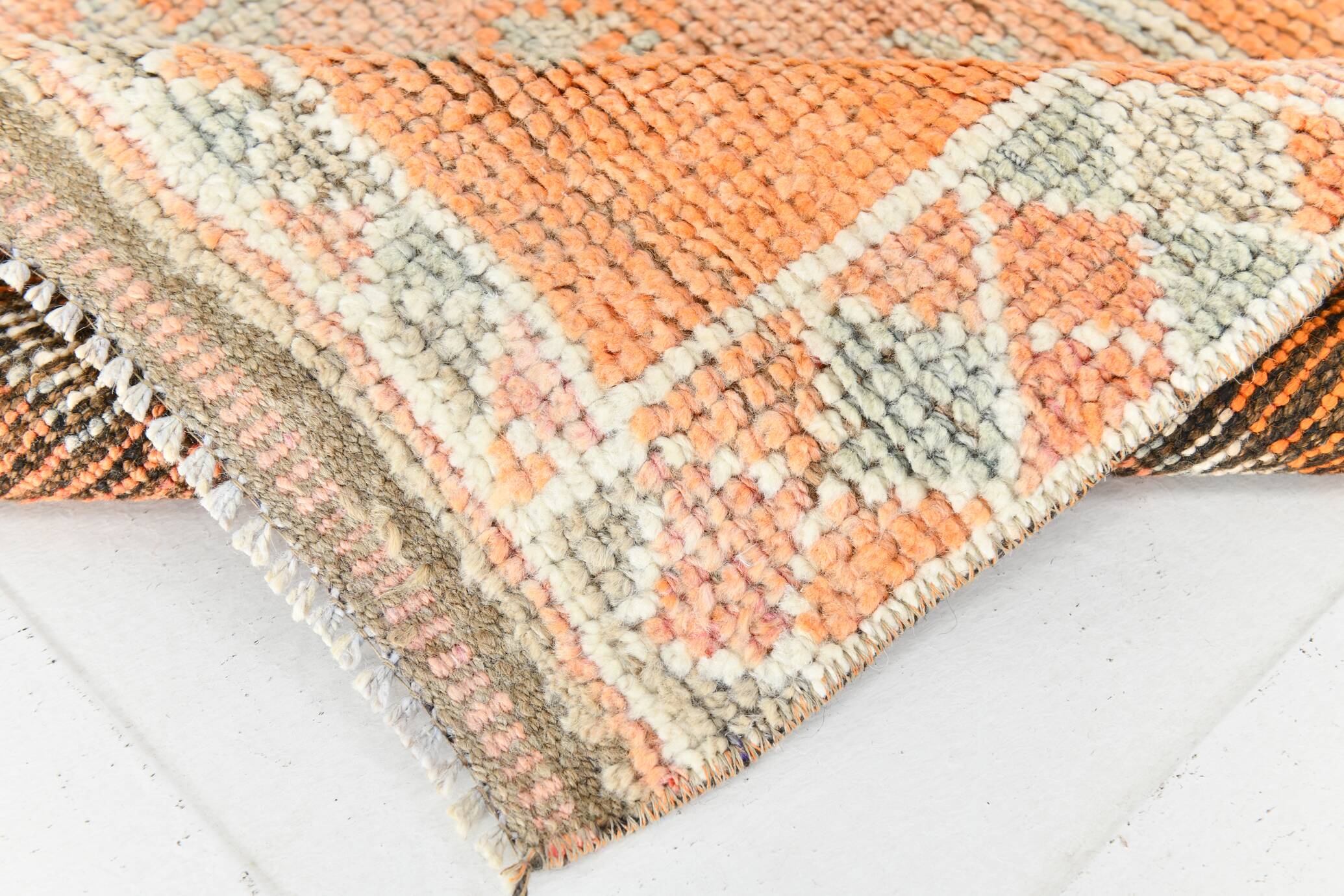 Apricot Tones Vintage Turkish Runner Rug, Oushak Wool Hallway Carpet