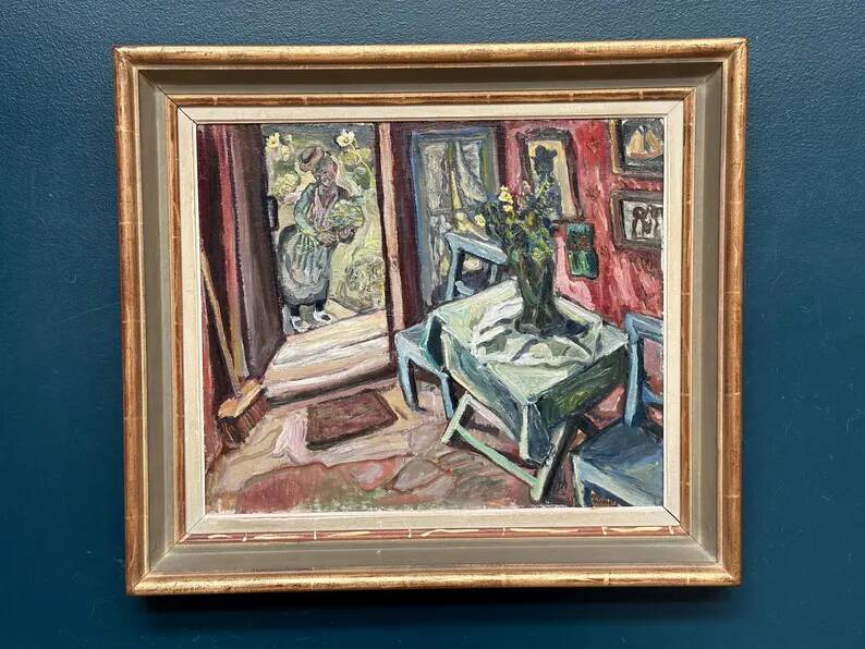 Oil on panel by Swedish artist – "Interior with figure" by Olle Nordberg (1905–1986) – 1944 – vintage and framed – 40×46 cm (15.7"×18.1")