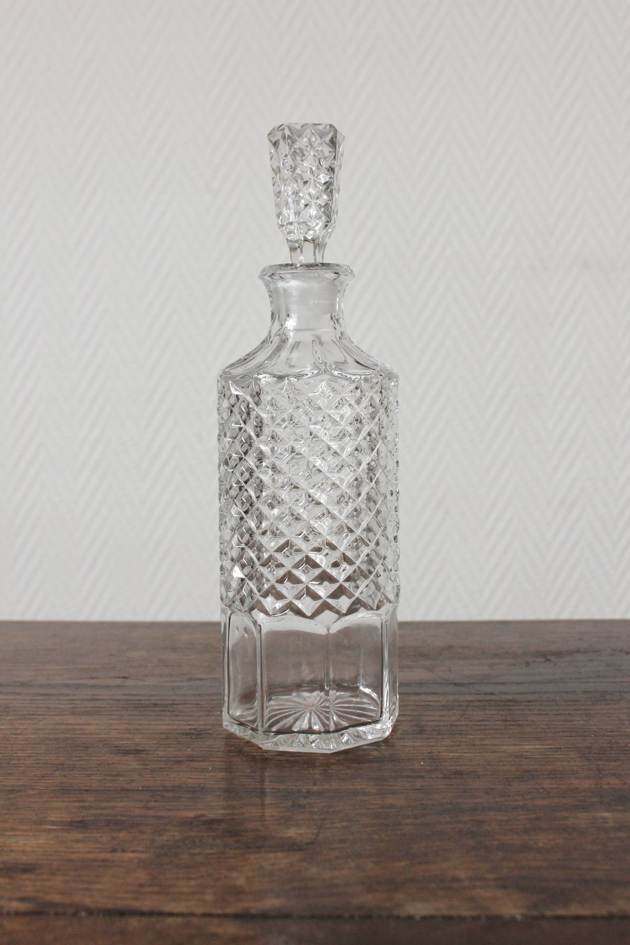 Vintage faceted cut glass round whisky decanter