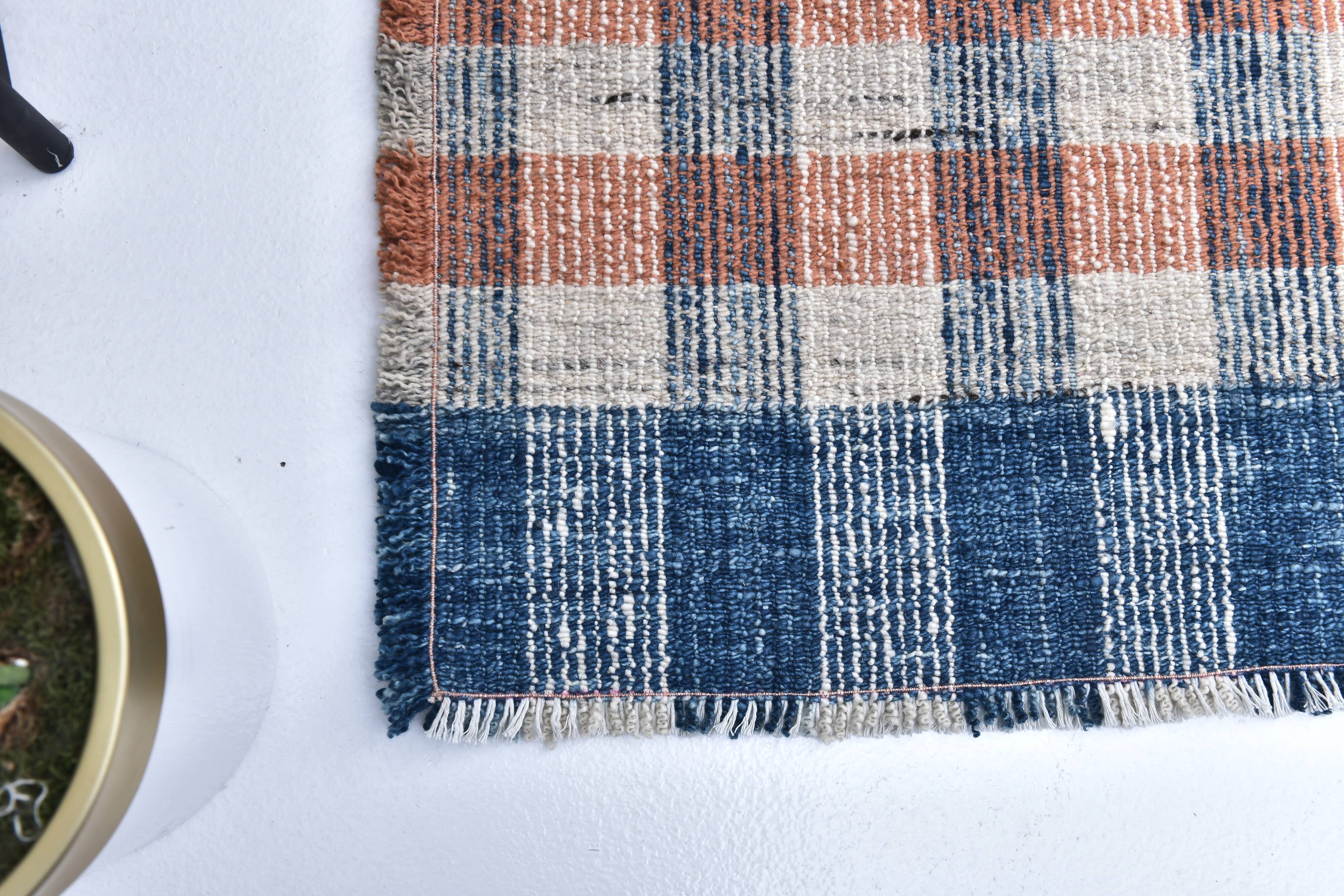 85x325 cm Runner Rug, Blue Terracota Hand made Rug, Made With Wool.